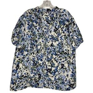 Laura Scott Blue White Floral V Neck Button Down Short Sleeve Shirt 20/22W